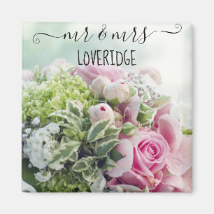 Romantische Hochzeit Mr. & Mrs. Pink Rose Floral Magnet