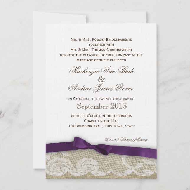 Romantische Hochzeit und dunkle Lila Bow-Hochzeit Einladung (Vorderseite)