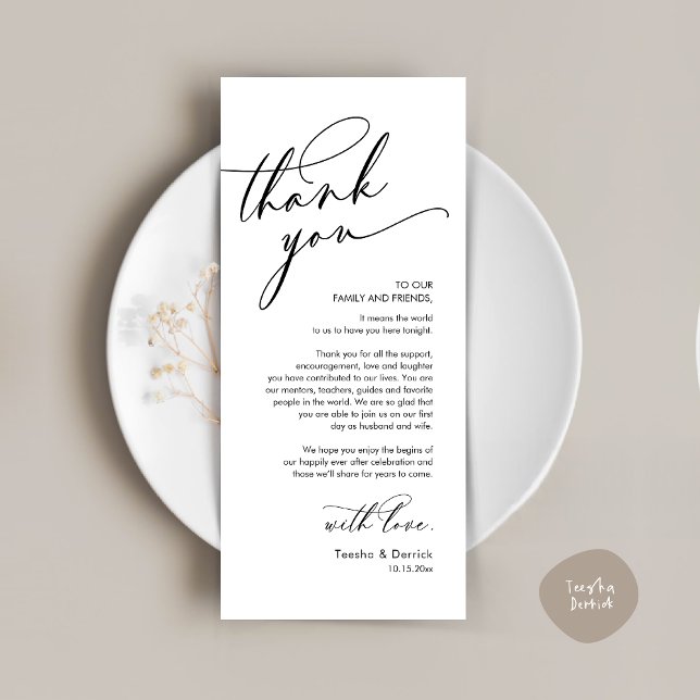 Romantische Hochzeit Vielen Dank Platzierung Karte (Romantic Wedding Dinner Thank You Place Setting Card, in Black and White )