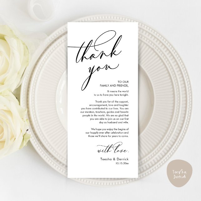 Romantische Hochzeit Vielen Dank Platzierung Karte (Romantic Wedding Dinner Thank You Place Setting Card, in Black and White )