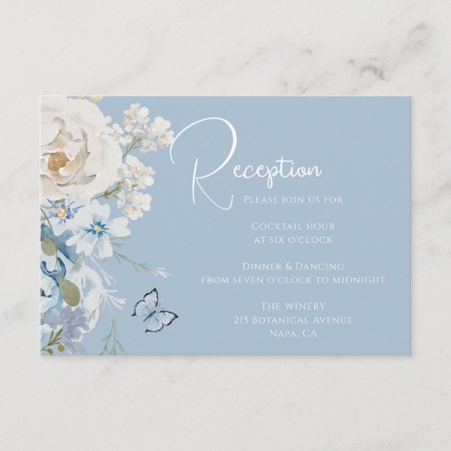 Romantische Hochzeit von Dusty Blue Floral Empfang Begleitkarte (Vorderseite)
