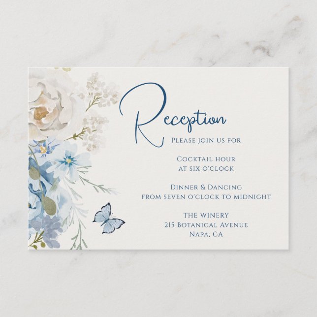 Romantische Hochzeit von Dusty Blue Floral Empfang Begleitkarte (Vorderseite)