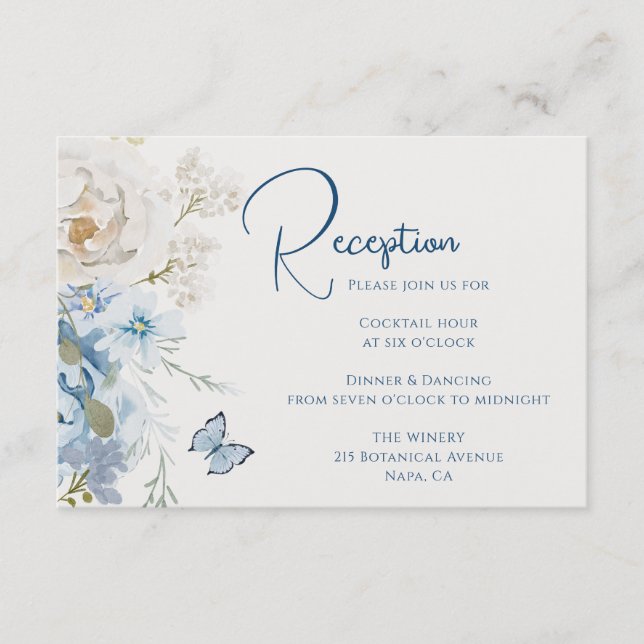 Romantische Hochzeit von Dusty Blue Floral Empfang Begleitkarte (Vorderseite)