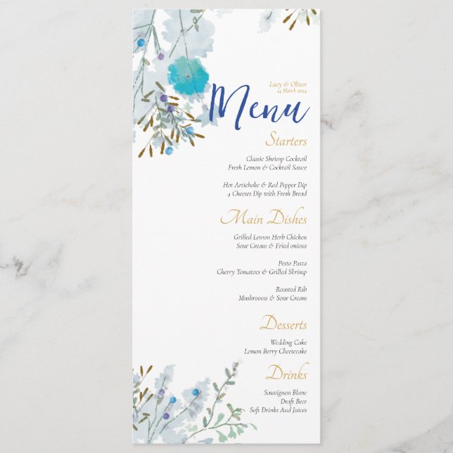 Romantische Hochzeiten, Blau und Gold, Blumenzehen Menükarte (Vorderseite)