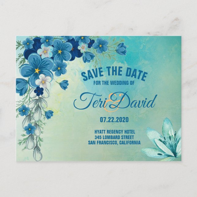 Romantische Hochzeiten mit blauer/grüner Blüte ret Ankündigungspostkarte (Vorderseite)