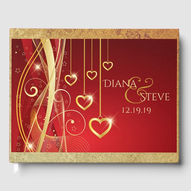 Romantische Hochzeitmonogramm | Red Gold Hearts Gästebuch (Vorderseite)