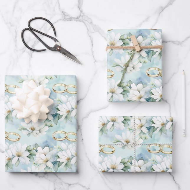 Romantische Hochzeitsblumen und Ringe Geschenkpapier Set (Vorderseite)