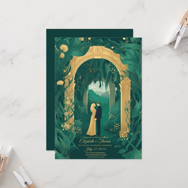 Romantische Hochzeitseinladung Emerald Green und G Einladung (Vorderseite/Rückseite Beispiel)