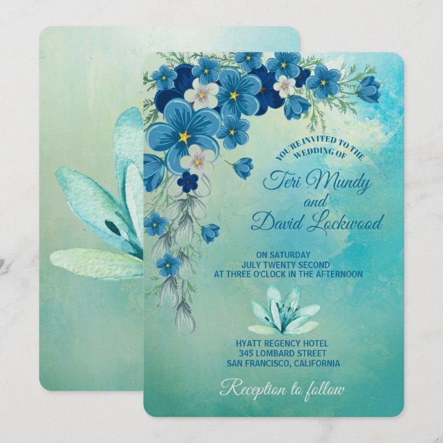 Romantische Hochzeitseinladungen Blau/Grün Einladung (Vorne/Hinten)