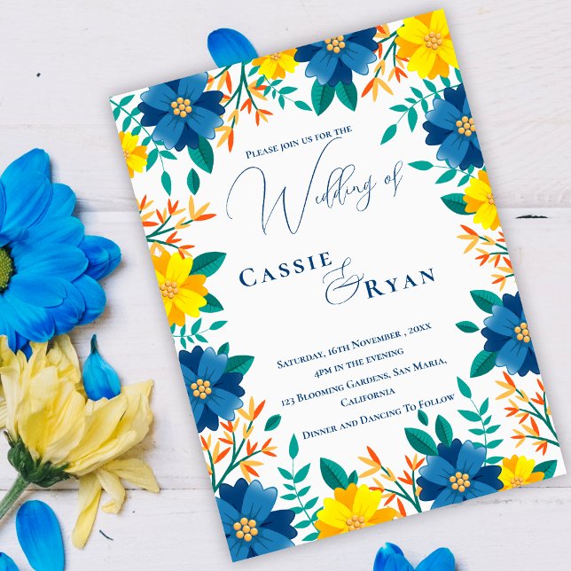 Romantische Hochzeitsfeier mit blauer Gelbblume Magneteinladung (Romantic Blue Yellow Floral Wedding Invitation)