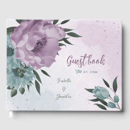 romantische Hochzeitsfeier mit lila und blauen Blu Gästebuch