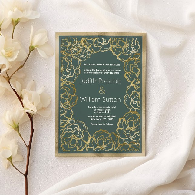 Romantische Hochzeitsfeier mit rosafarbener Rose Einladung (Romantic dusty green gold rose floral Wedding )