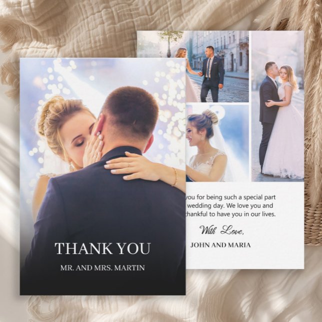 Romantische Hochzeitsfotocollage Vielen Dank Dankeskarte (Elegant wedding photo collage thank you card.)