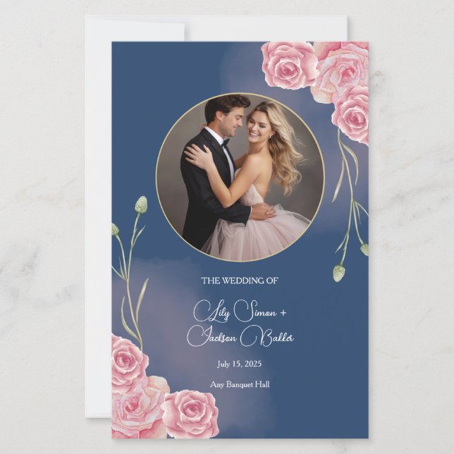Romantische Hochzeitskarte Navy Blue & Blush Pink (Vorderseite)
