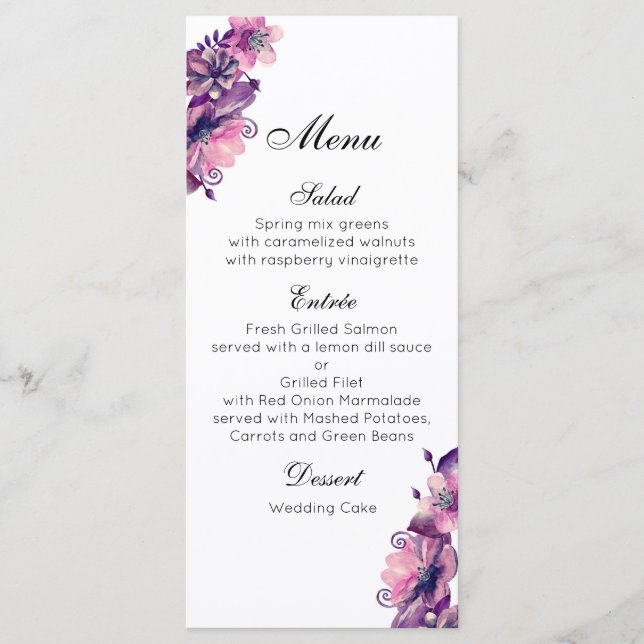 Romantische Hochzeitskarte pink. Lila Abendmenü Menükarte (Vorderseite)