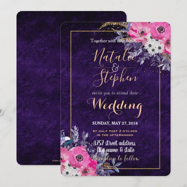 Romantische Hochzeitskollektion mit Gold und lila  Einladung (Vorne/Hinten)