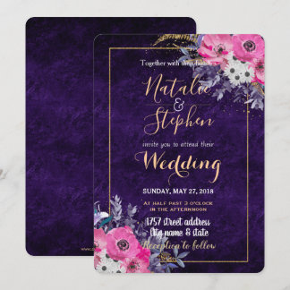 Romantische Hochzeitskollektion mit Gold und lila Einladung
