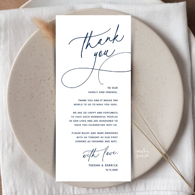 Romantische Hochzeitsplatz-Dankeskarten Einstellun Programm (Romantic Wedding Place Setting Thank You Card in Navy Blue)