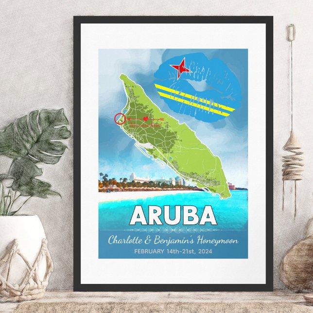 Romantische Hochzeitsreise Aruba Insel Karte Poster (Romantic Honeymoon Vacation Memories of Aruba in the Caribbean Map Poster - Sketch Mockup)