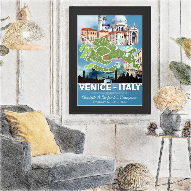 Romantische Hochzeitsreise Venedig Karte Poster (Romantic Honeymoon in Venice Poster - Sketch Mockup)