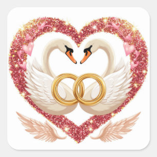 Romantische Hochzeitsschwäne mit goldenen Ringen Quadratischer Aufkleber