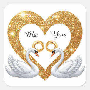 Romantische Hochzeitsschwäne mit goldenen Ringen Quadratischer Aufkleber