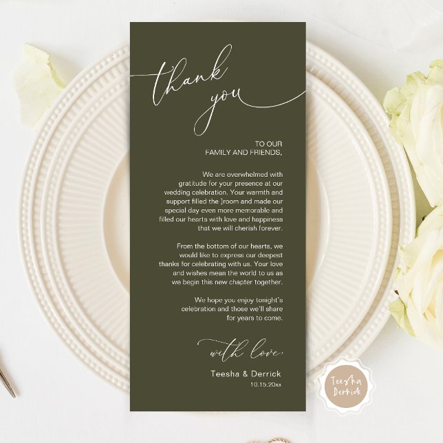 Romantische Hochzeitsumgebung Dankeschön Karte (Wedding Dinner Place Setting Thank You Card, Modern Romantic Script, in Olive Green)