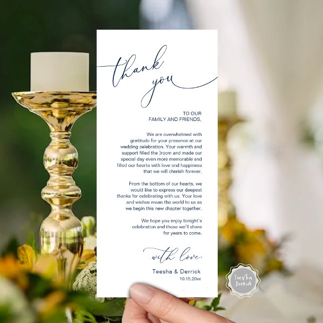 Romantische Hochzeitsumgebung Dankeschön Karte (Wedding Dinner Place Setting Thank You Card, Modern Romantic Script, in Navy Blue)