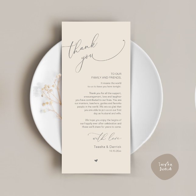 Romantische Hochzeitsumgebung Dankeschön Karte (Modern Romantic Wedding Dinner Place Setting Thank You Card, Plate Decor, in Dark Grey and Cream)