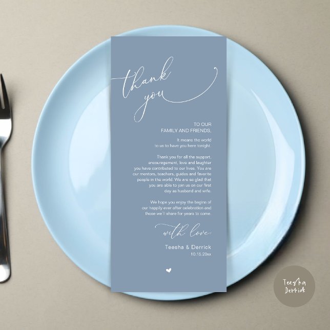 Romantische Hochzeitsumgebung Dankeschön Karte (Modern Romantic Wedding Dinner Place Setting Thank You Card, Plate Decor, in Dusty Blue)