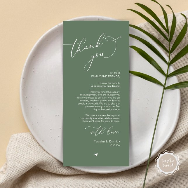 Romantische Hochzeitsumgebung Dankeschön Karte (Romantic Modern Wedding Dinner Place Setting Thank You Card, in Greenery Forest Sage Green)