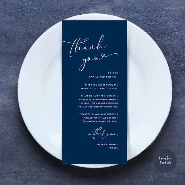 Romantische Hochzeitsumgebung Dankeschön Karte (Romantic Minimalist Wedding Dinner Place Setting Thank You Card, in Navy Blue)