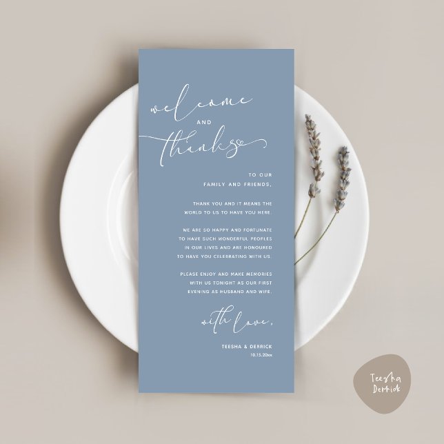Romantische Hochzeitsumgebung Dankeschön Karte (Romantic Wedding Dinner Place Setting Thank You Card, in Dusty Blue)