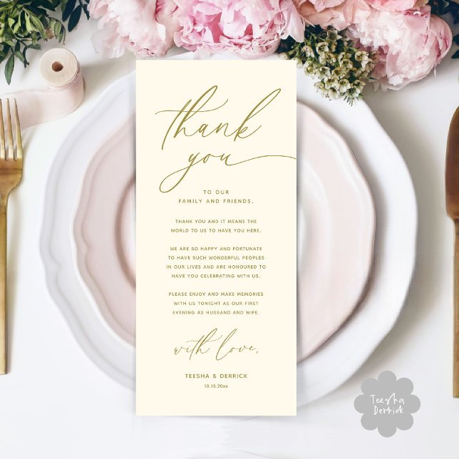 Romantische Hochzeitsumgebung Dankeschön Karte (Romantic Wedding Place Setting Modern Dinner Brunch Lunch Party Thank You Card in Classy Yellow Gold)