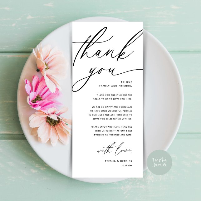 Romantische Hochzeitsumgebung Dankeschön Karte (Romantic Wedding Place Setting Modern Dinner Brunch Lunch Party Thank You Card in Black White)