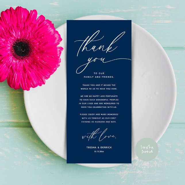 Romantische Hochzeitsumgebung Dankeschön Karte (Romantic Wedding Place Setting Modern Dinner Brunch Lunch Party Thank You Card in Navy Blue)