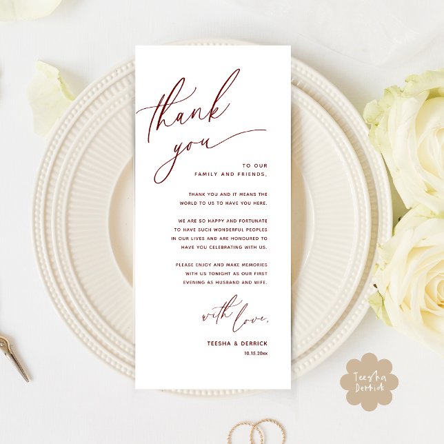 Romantische Hochzeitsumgebung Dankeschön Karte (Romantic Wedding Dinner Place Setting Thank You Card Lunch Brunch in Burgundy Wine Red)