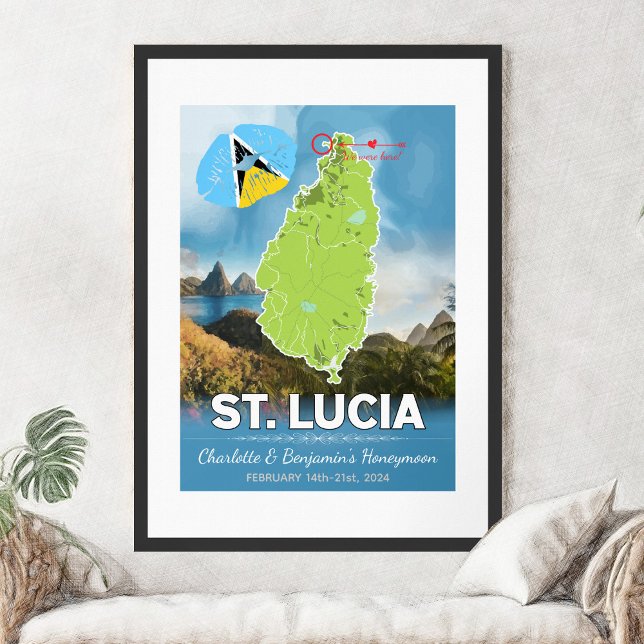 Romantische Honeymoon Caribbean St Lucia Karte Poster (Romantic Honeymoon Vacation To St Lucia Map Poster - Sketch Mockup)