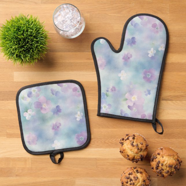 Romantische Hübsche Lavendel Weiße Blume Ofenhandschuh & Topflappen-Set (Oben Unten)