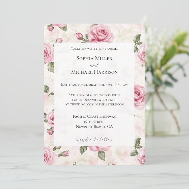 Romantische Hübsche Rosenblütenhochzeit Einladung (Stehend Vorderseite)