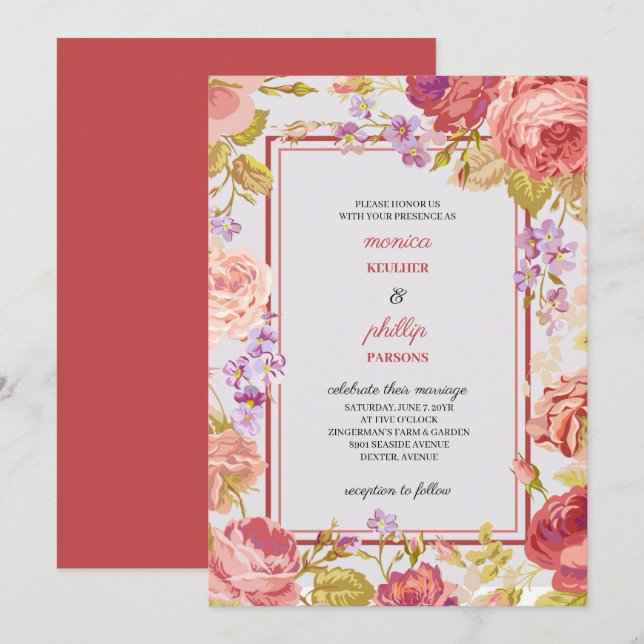 Romantische indische Rote Cabbage-Rose Hochzeit Einladung (Vorne/Hinten)