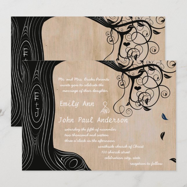Romantische Initialen in Tree Wedding Einladung (Vorne/Hinten)