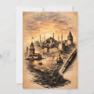 Romantische Istanbul-Tuschekunst mit historischer Dankeskarte
