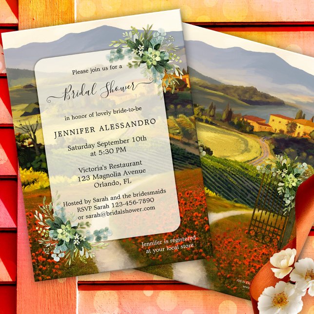 Romantische italienische Brautdusche Einladung (Original bridal shower invitation featuring a fine art painting of an Italian landscape scene)
