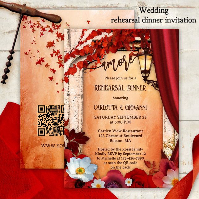 Romantische Italienische Probe Einladung (Rehearsal dinner invitation showing a colorful design with fall leaves and red Italian flowers)