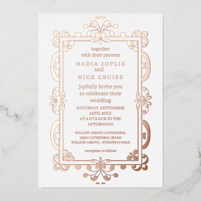 Romantische Jugendstil Hochzeit Rose Gold Folieneinladung (Vorderseite)