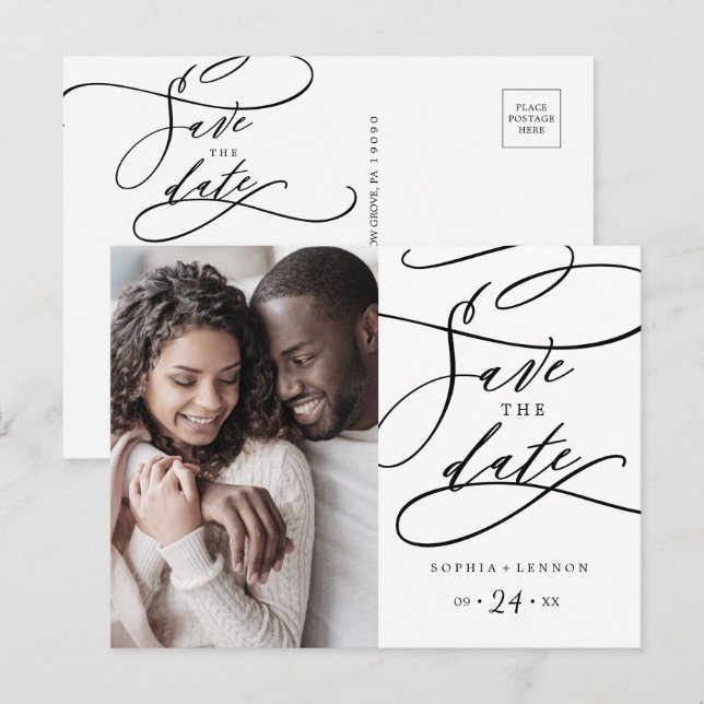 Romantische Kalligrafie Blühe Foto Save the Date Einladungspostkarte (Vorne/Hinten)