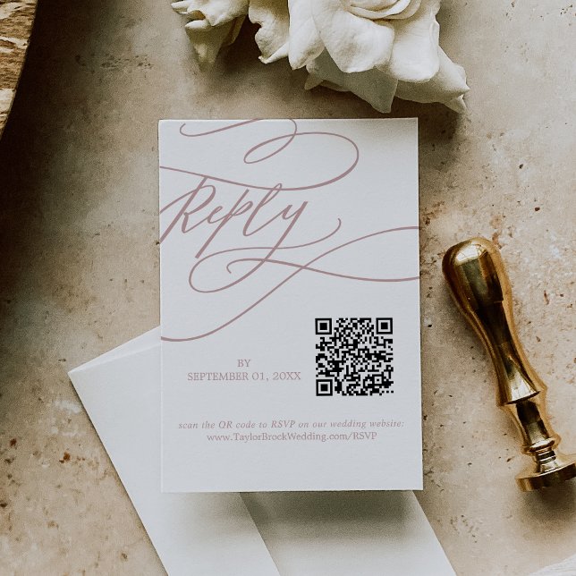 Romantische Kalligrafie Blush Pink QR Code Hochzei RSVP Karte (Von Creator hochgeladen)