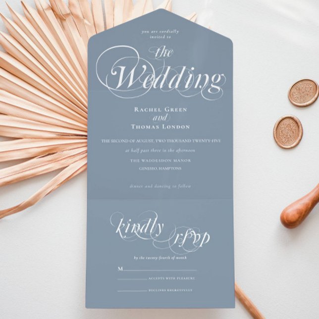 Romantische Kalligrafie Dusty Blue Wedding All In One Einladung (Von Creator hochgeladen)