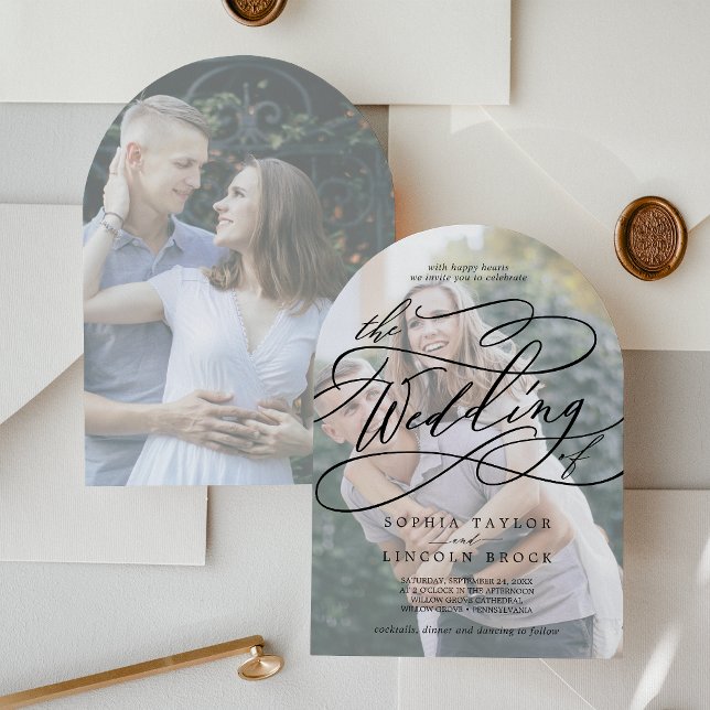 Romantische Kalligrafie - Foto-Hochzeit Einladung (Romantic Calligraphy Faded Photo Arch Wedding Invitation)